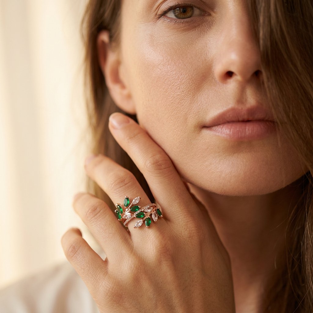 Rose Gold-Tone Vine Ring with Green and Clear Marquise Leaves
