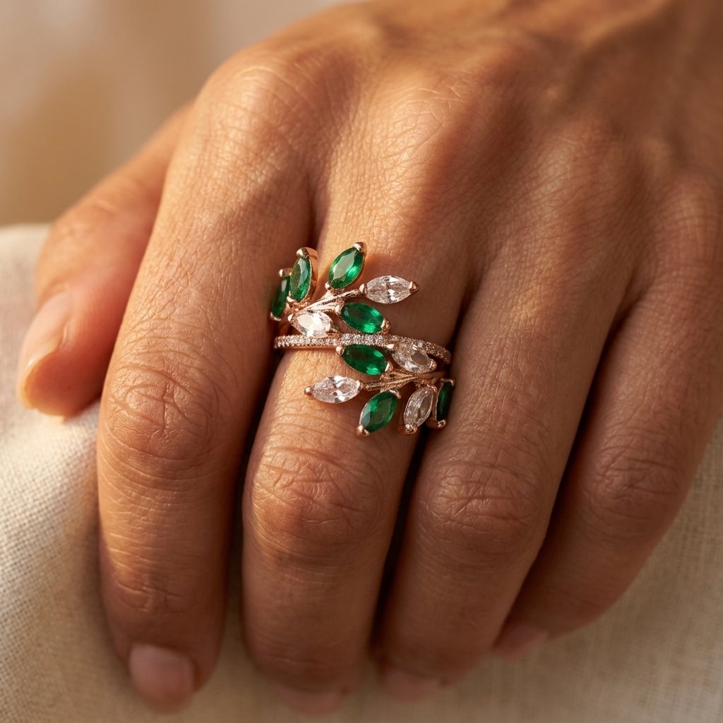 Rose Gold-Tone Vine Ring with Green and Clear Marquise Leaves