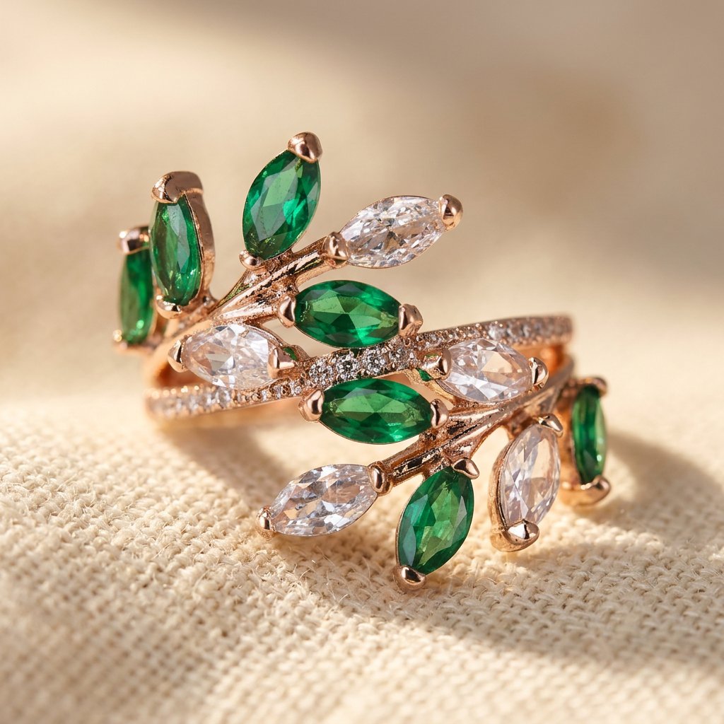 Rose Gold-Tone Vine Ring with Green and Clear Marquise Leaves