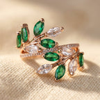 Rose Gold-Tone Vine Ring with Green and Clear Marquise Leaves