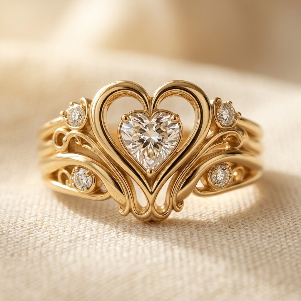 Gold-Tone Filigree Heart Ring with Clear Centre Stone