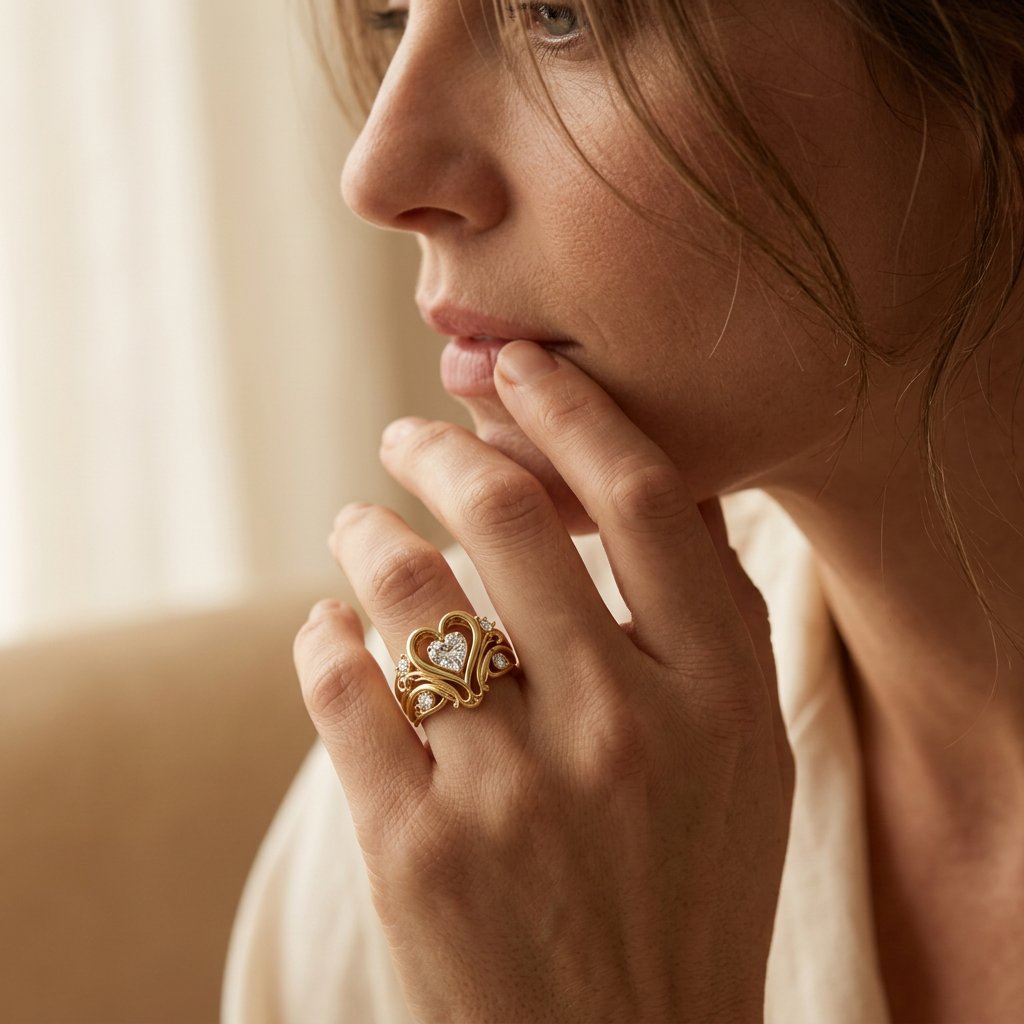 Gold-Tone Filigree Heart Ring with Clear Centre Stone