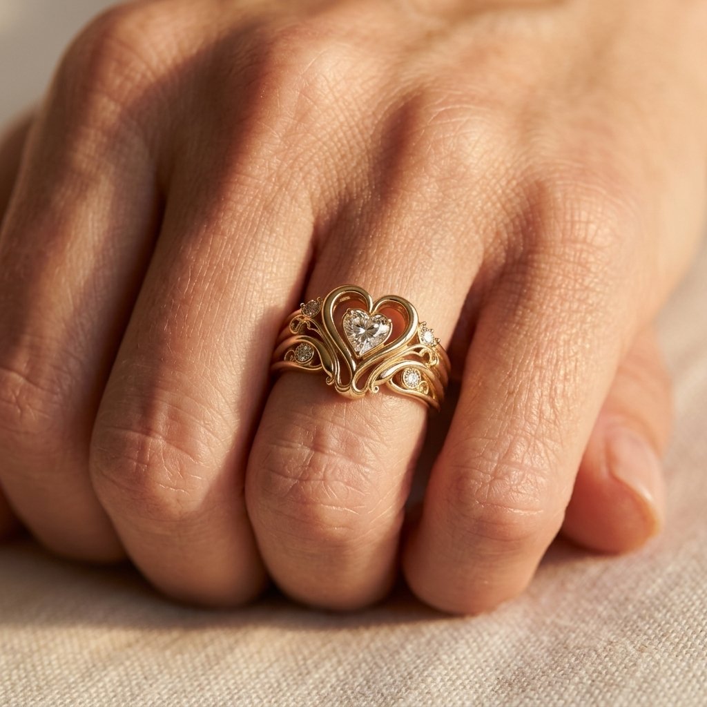 Gold-Tone Filigree Heart Ring with Clear Centre Stone