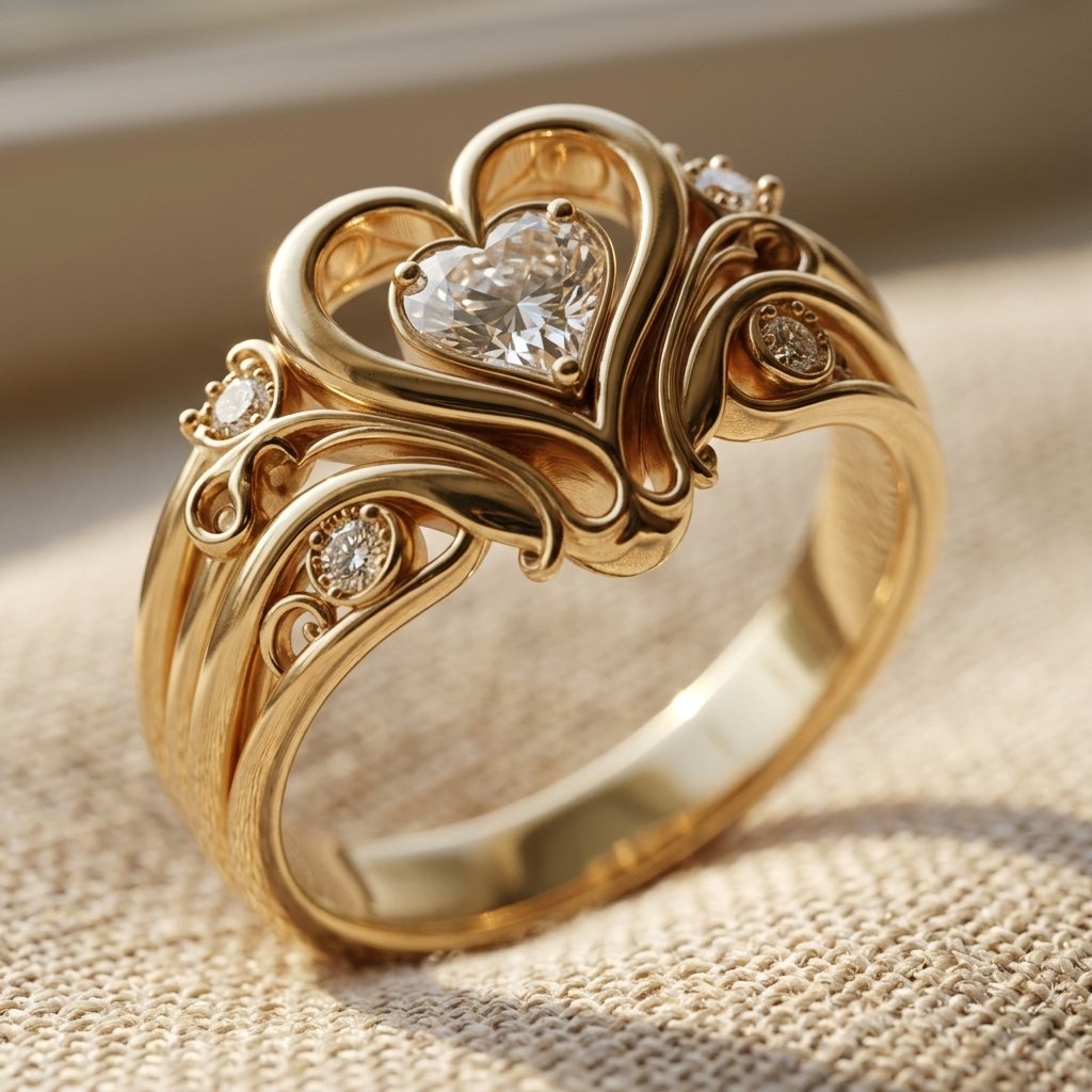 Gold-Tone Filigree Heart Ring with Clear Centre Stone