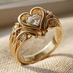 Gold-Tone Filigree Heart Ring with Clear Centre Stone