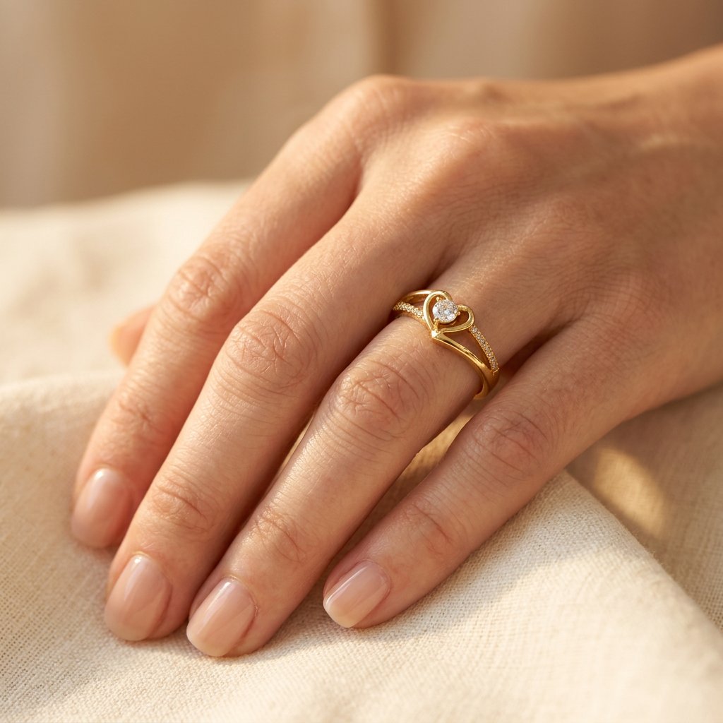 Gold-Tone Split-Shank Heart Ring with Round Clear Centre