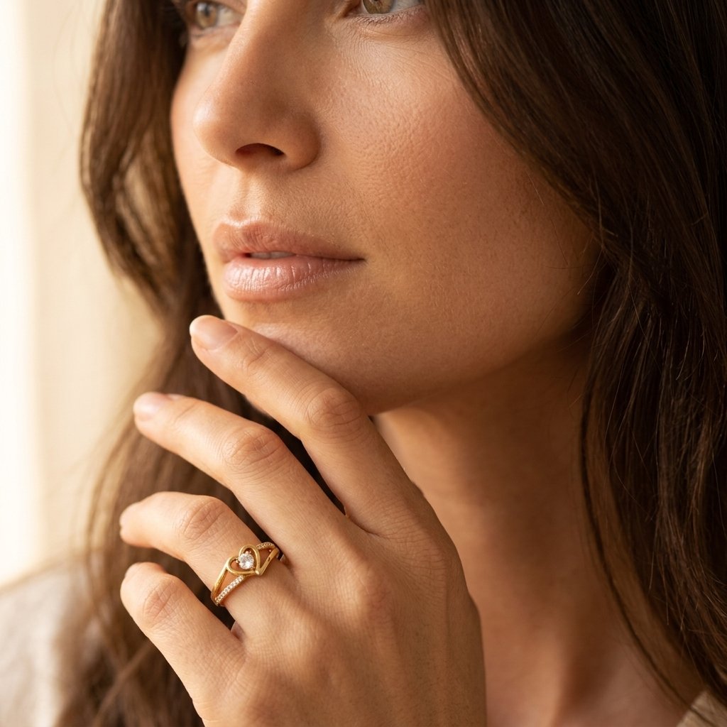 Gold-Tone Split-Shank Heart Ring with Round Clear Centre