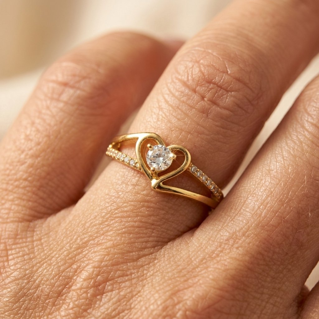 Gold-Tone Split-Shank Heart Ring with Round Clear Centre