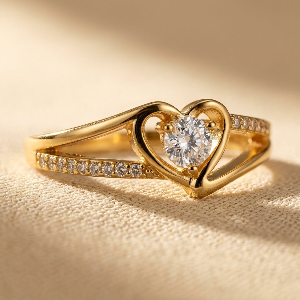 Gold-Tone Split-Shank Heart Ring with Round Clear Centre