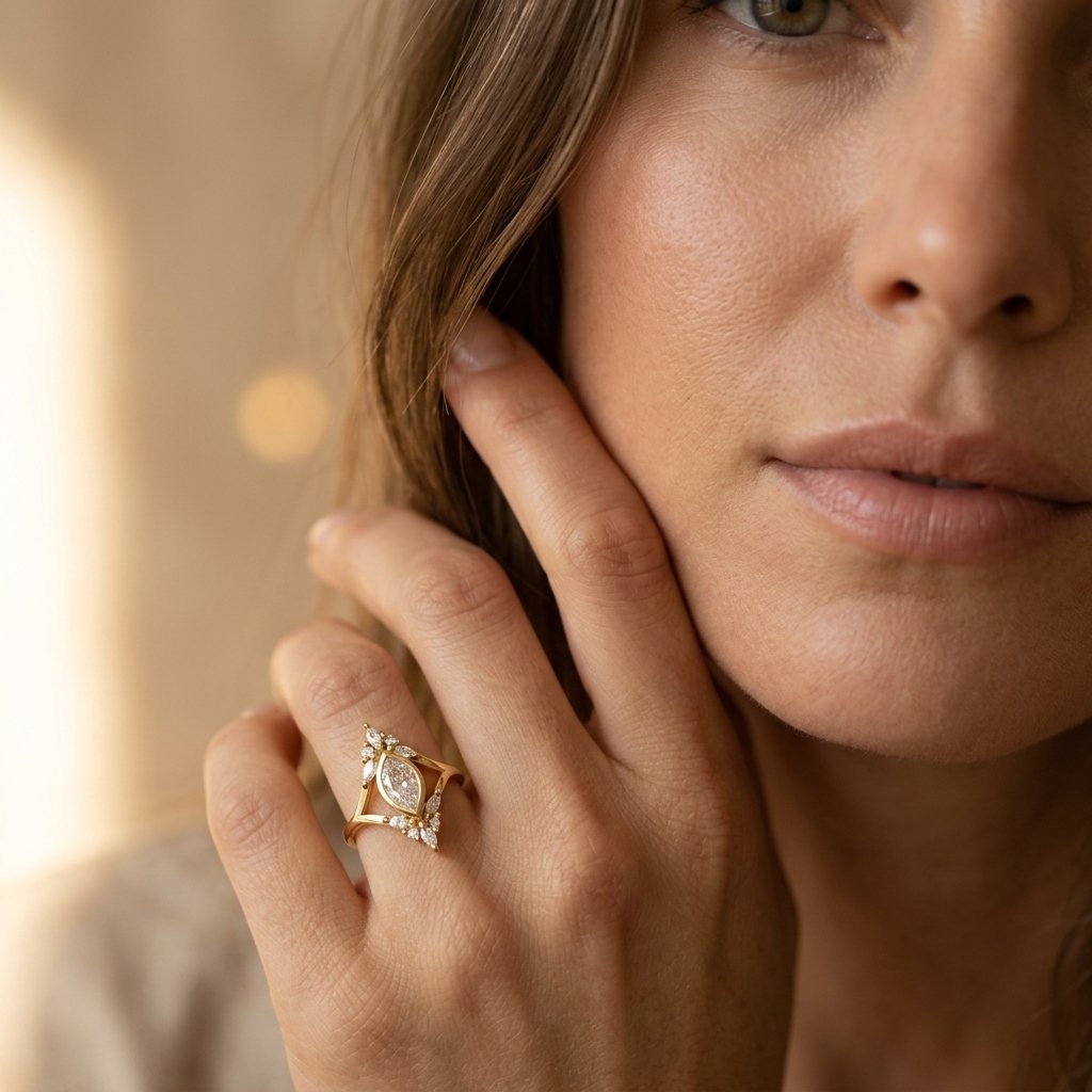 Gold-Tone Bezel Marquise Ring with Open V Shank