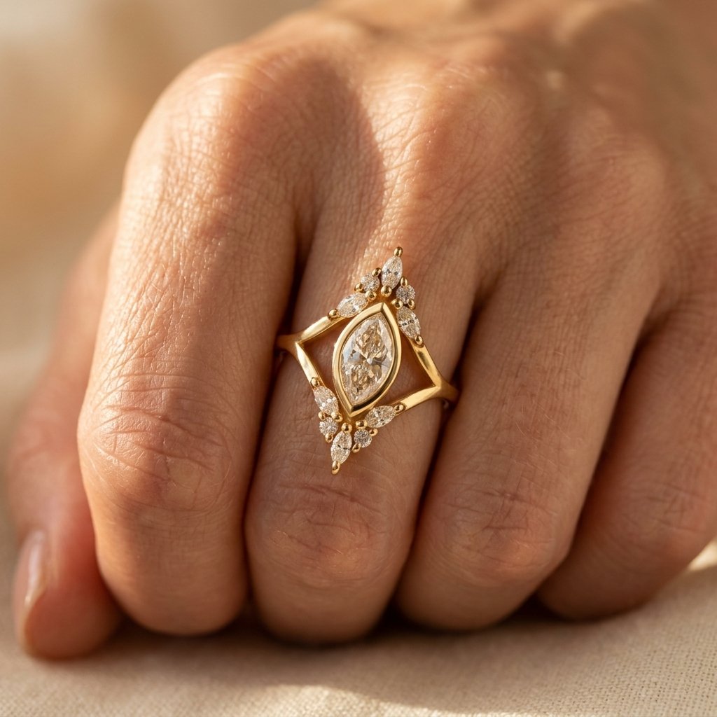 Gold-Tone Bezel Marquise Ring with Open V Shank
