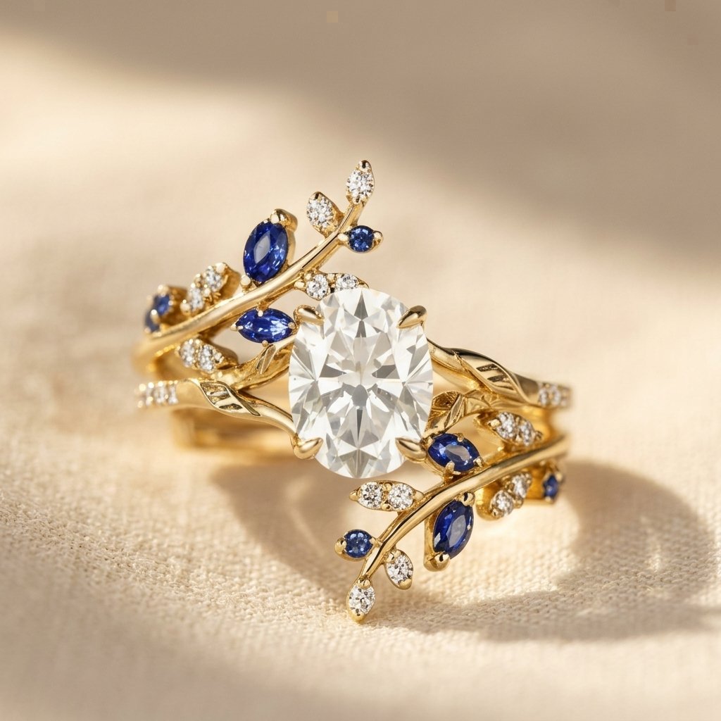 Gold-Tone Vine Ring with Oval Clear Stone and Blue Accents