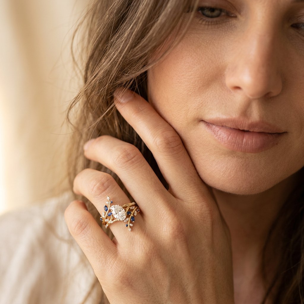 Gold-Tone Vine Ring with Oval Clear Stone and Blue Accents