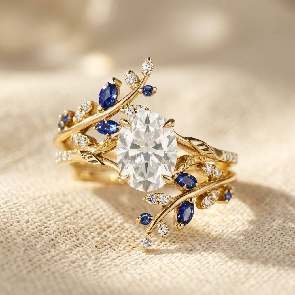 Gold-Tone Vine Ring with Oval Clear Stone and Blue Accents