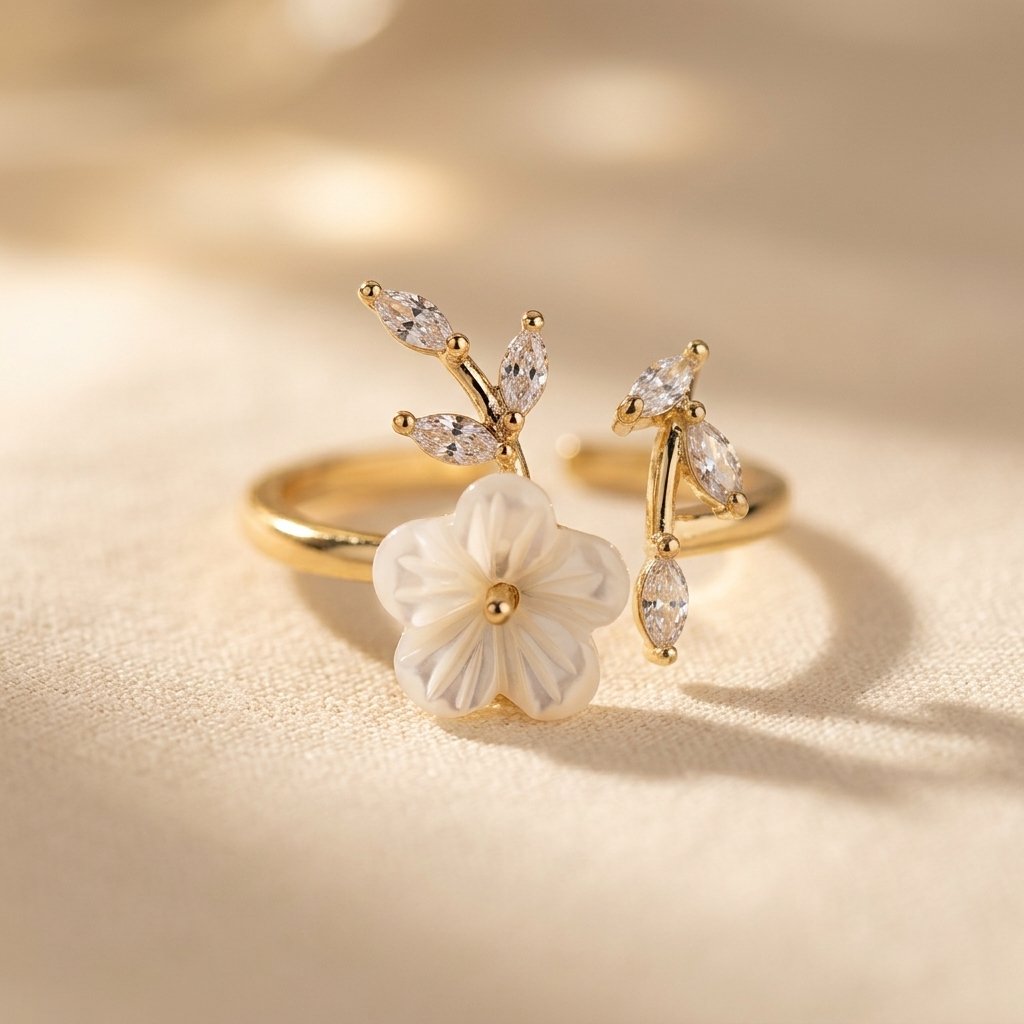 Gold-Tone Bypass Ring with Pearlescent Flower and Clear Leaves