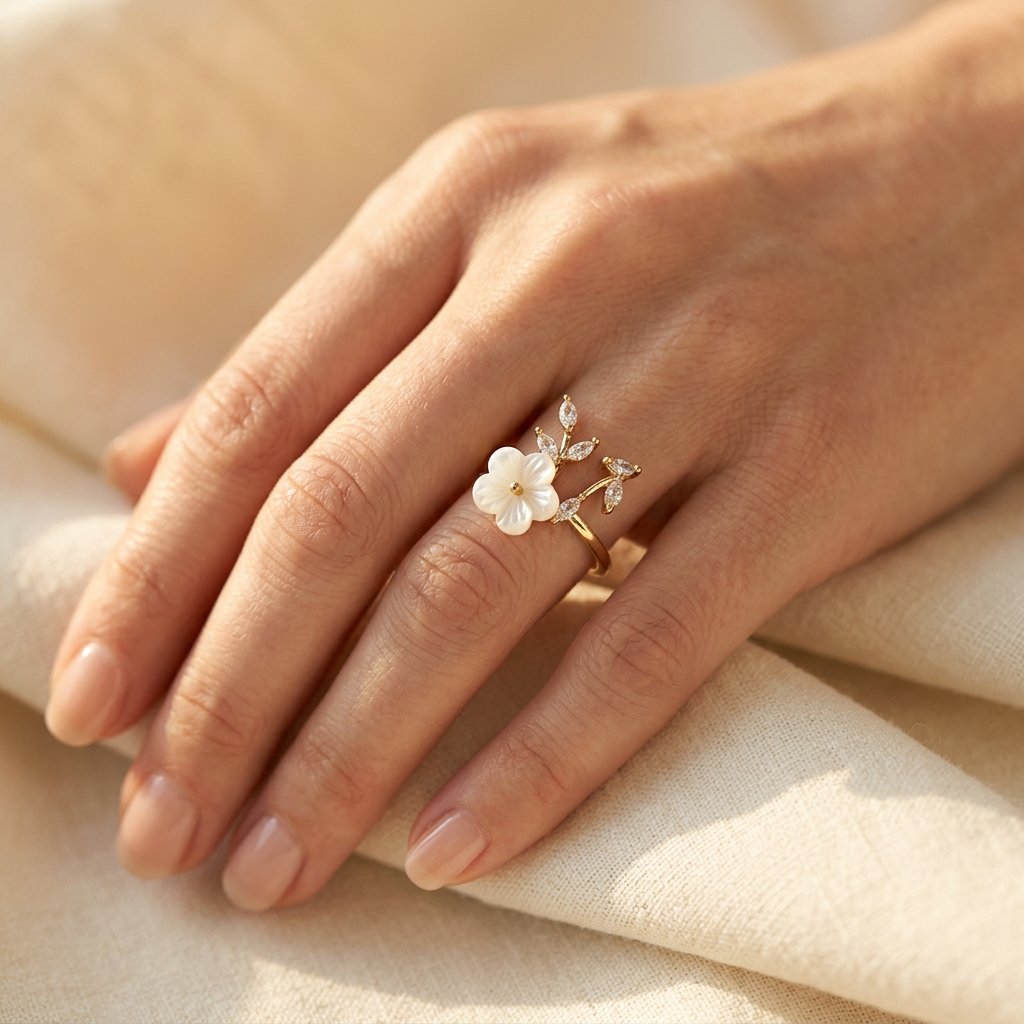Gold-Tone Bypass Ring with Pearlescent Flower and Clear Leaves
