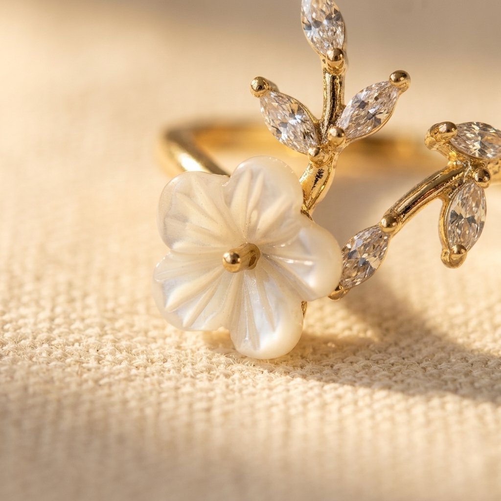 Gold-Tone Bypass Ring with Pearlescent Flower and Clear Leaves