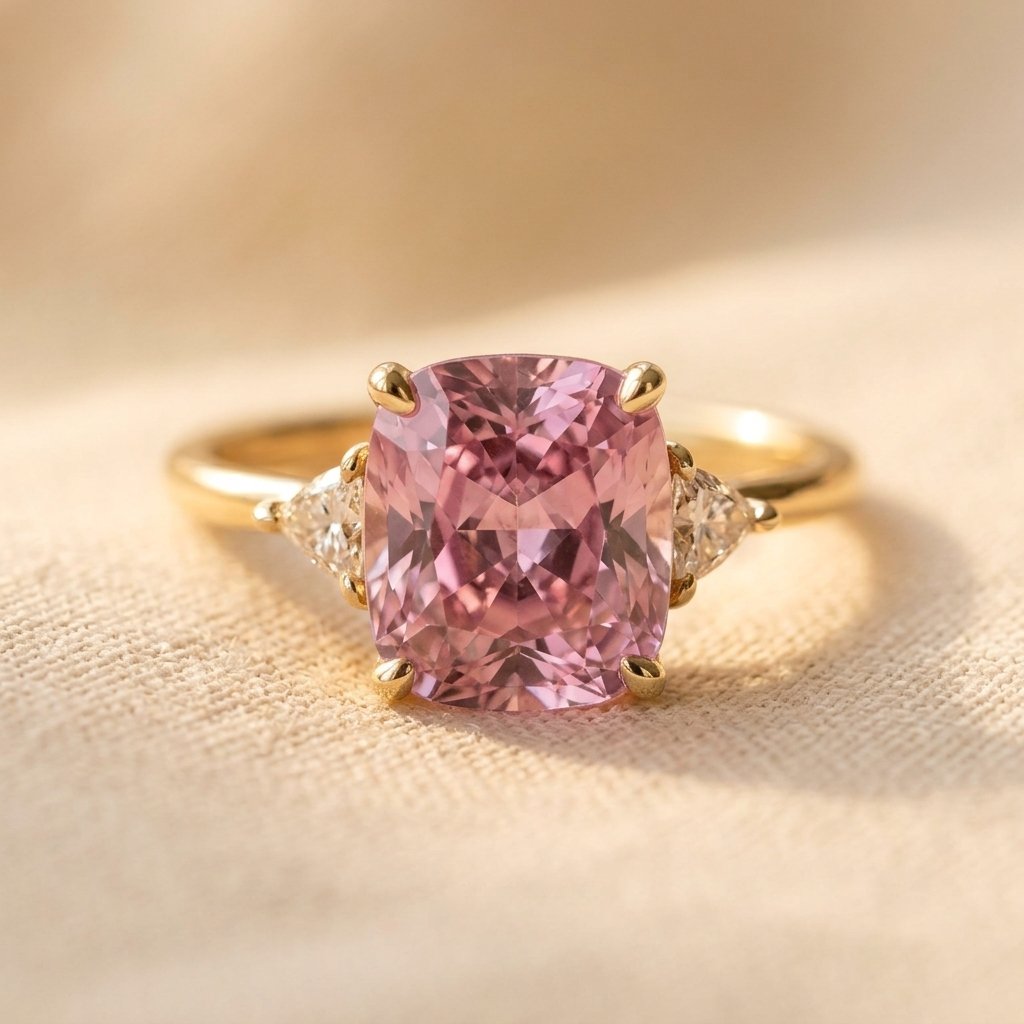 Gold-Tone Pink Cushion Ring with Clear Trillion Sides