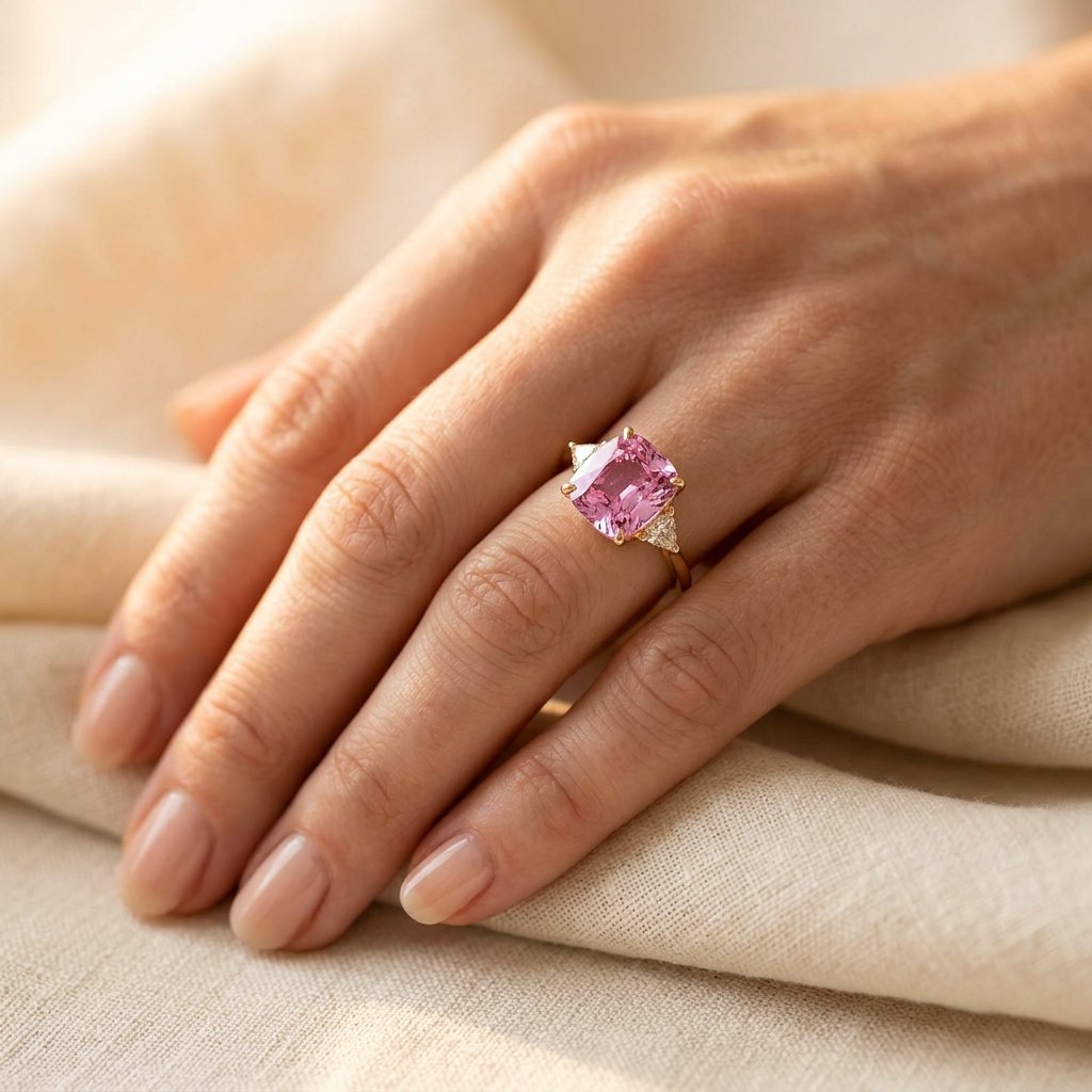 Gold-Tone Pink Cushion Ring with Clear Trillion Sides