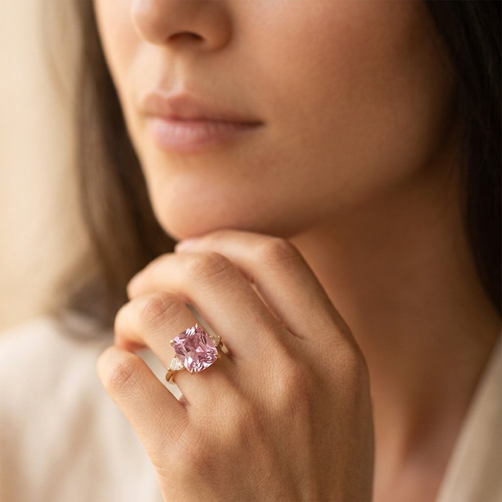 Gold-Tone Pink Cushion Ring with Clear Trillion Sides