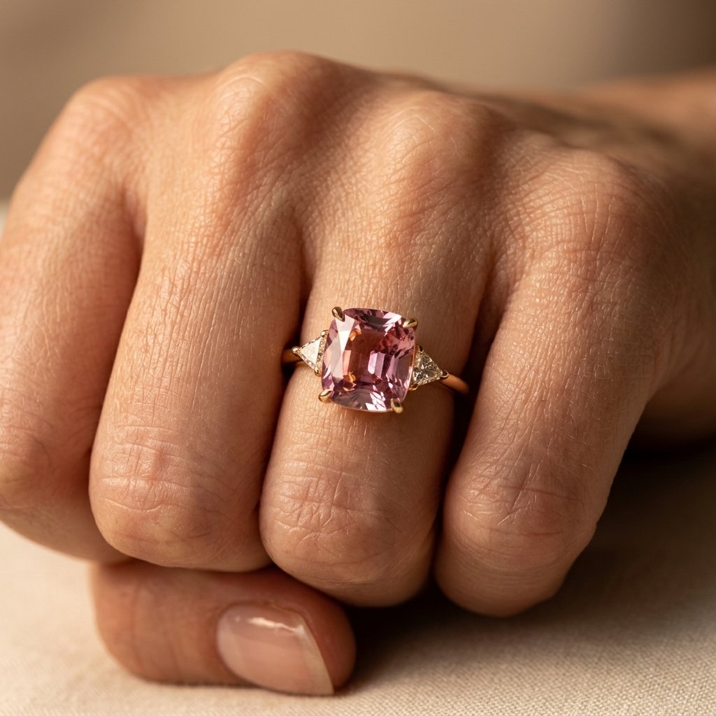 Gold-Tone Pink Cushion Ring with Clear Trillion Sides