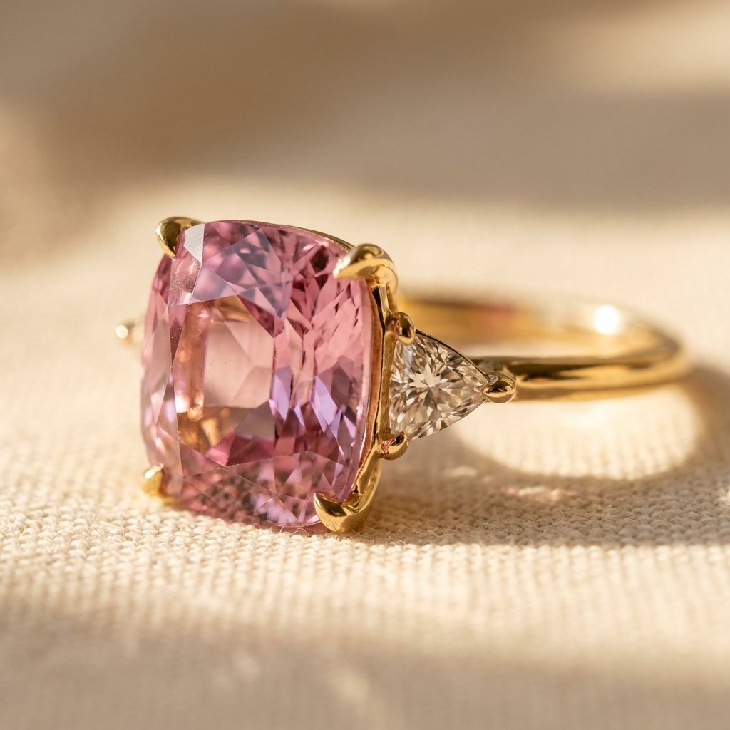 Gold-Tone Pink Cushion Ring with Clear Trillion Sides