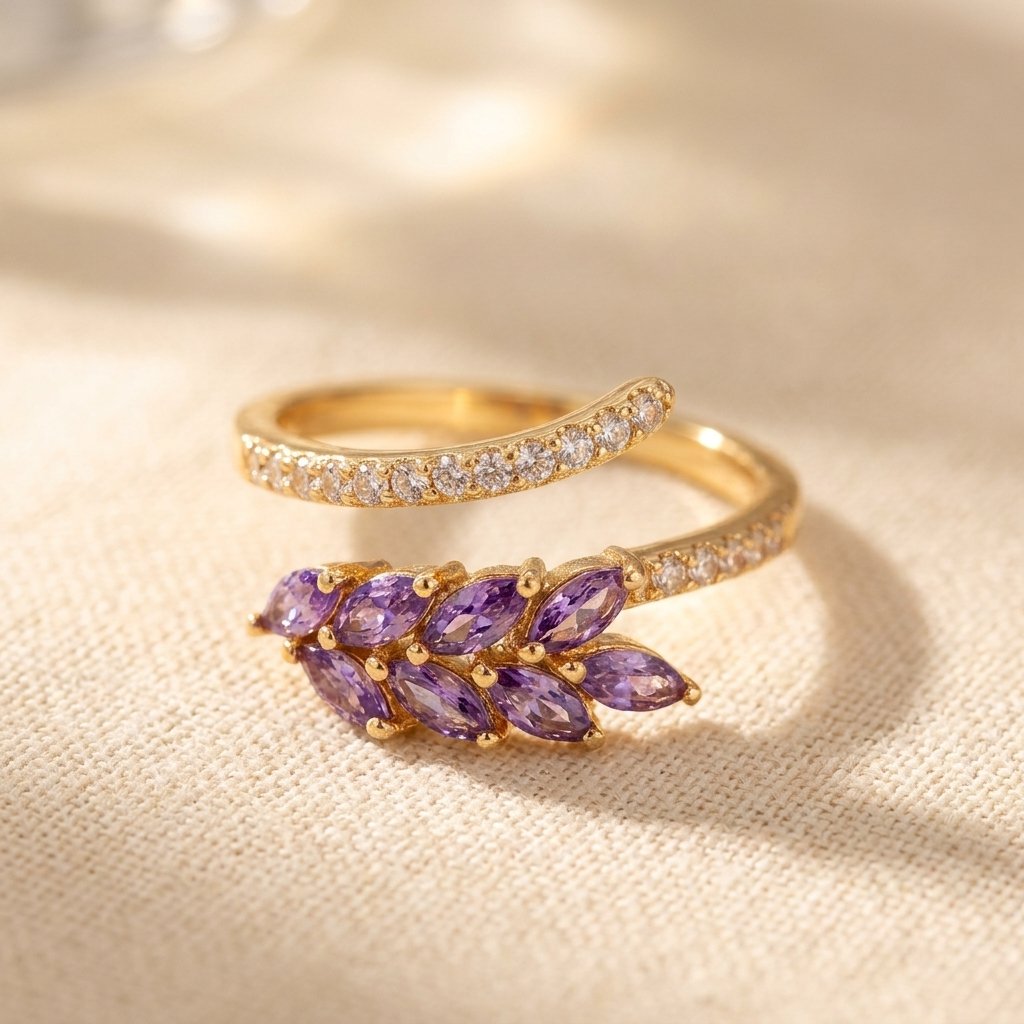 Gold-Tone Bypass Ring with Purple Marquise Leaf Spray
