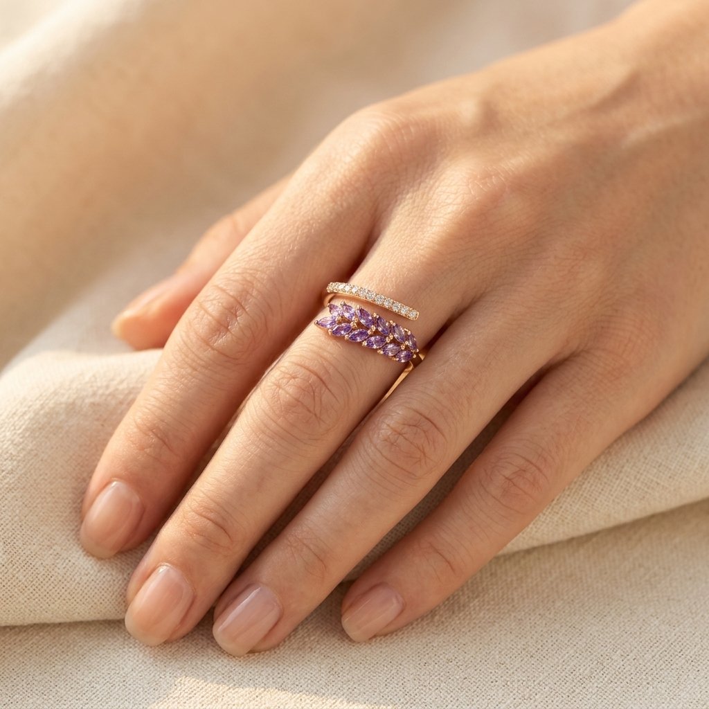 Gold-Tone Bypass Ring with Purple Marquise Leaf Spray