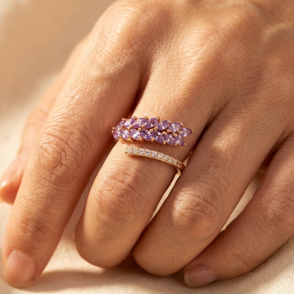 Gold-Tone Bypass Ring with Purple Marquise Leaf Spray