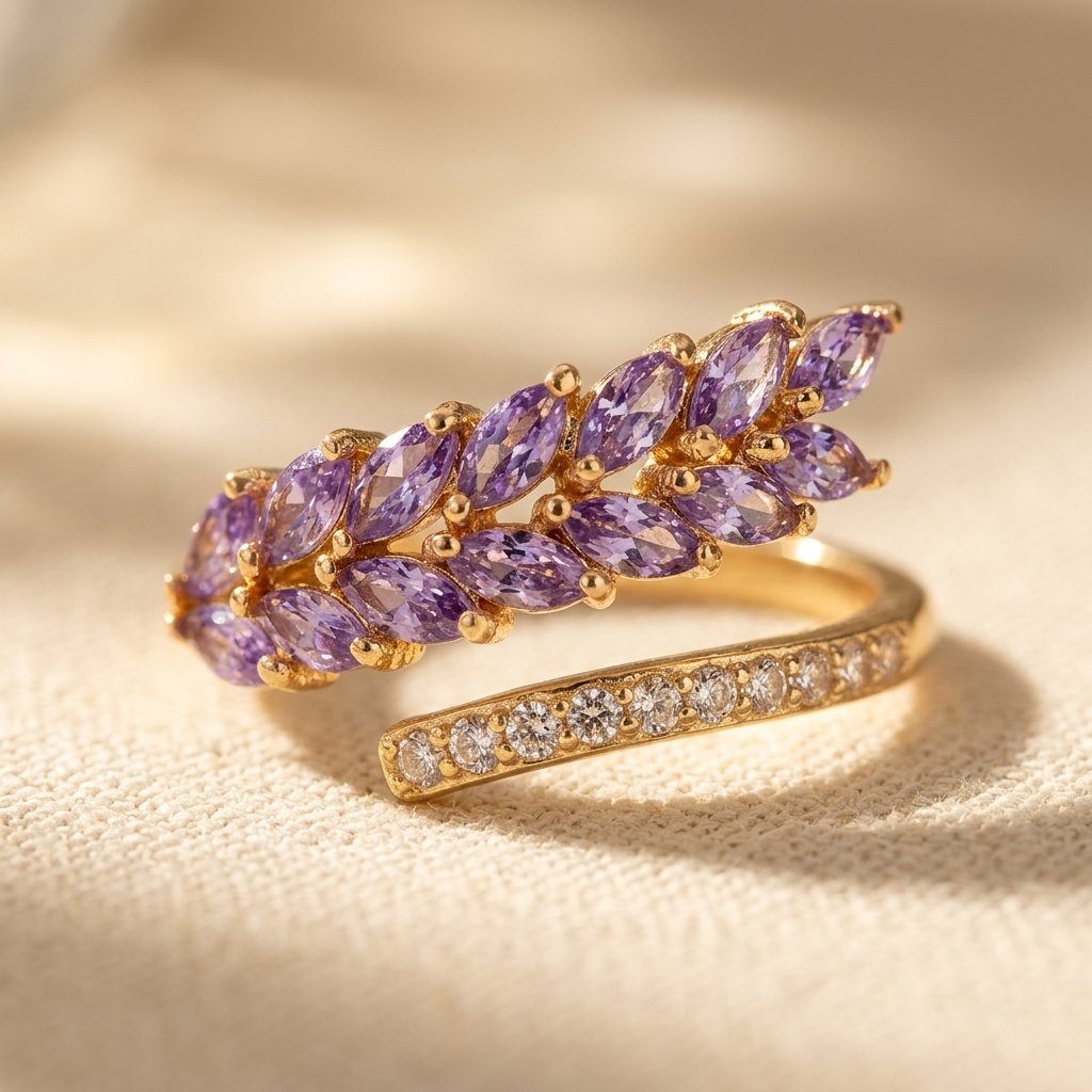 Gold-Tone Bypass Ring with Purple Marquise Leaf Spray
