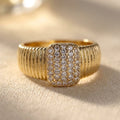 Gold-Tone Ribbed Band Ring with Clear Pavé Cushion Face