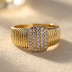 Gold-Tone Ribbed Band Ring with Clear Pavé Cushion Face
