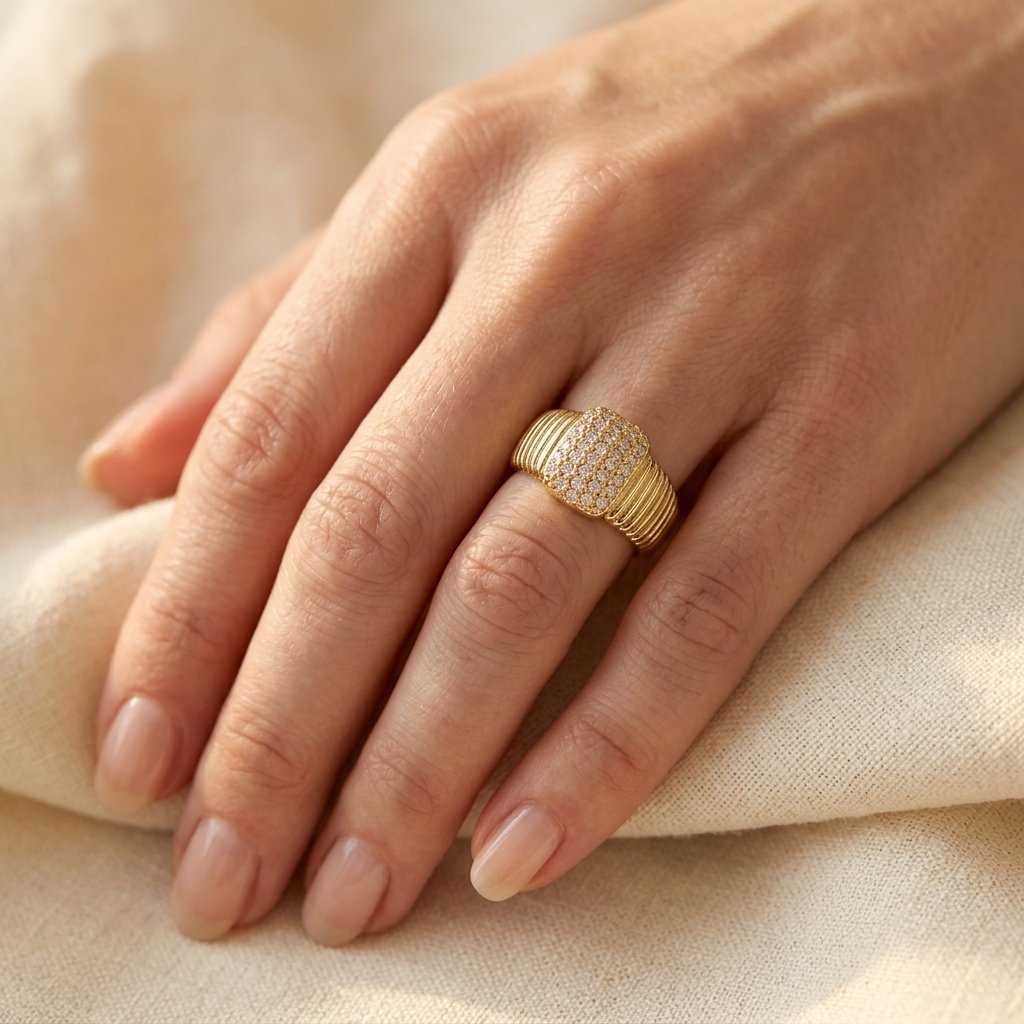 Gold-Tone Ribbed Band Ring with Clear Pavé Cushion Face