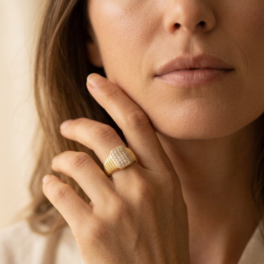 Gold-Tone Ribbed Band Ring with Clear Pavé Cushion Face
