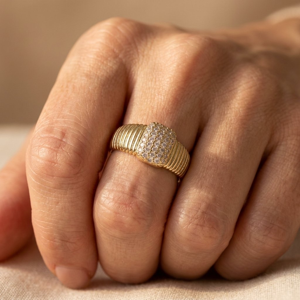 Gold-Tone Ribbed Band Ring with Clear Pavé Cushion Face