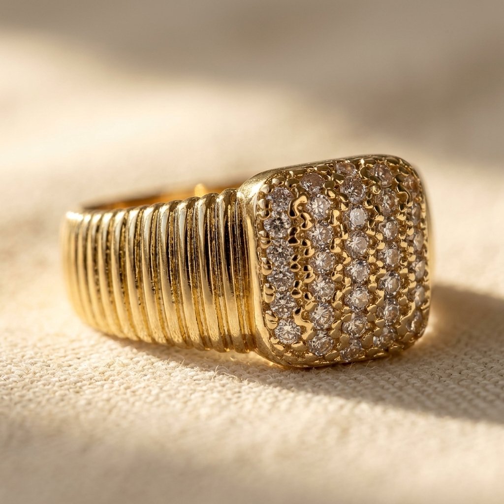 Gold-Tone Ribbed Band Ring with Clear Pavé Cushion Face