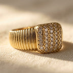 Gold-Tone Ribbed Band Ring with Clear Pavé Cushion Face