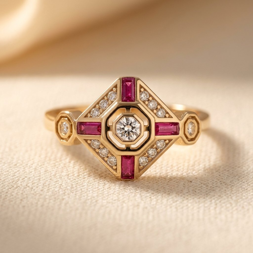 Gold-Tone Art Deco Lozenge Ring with Red Baguette Cross