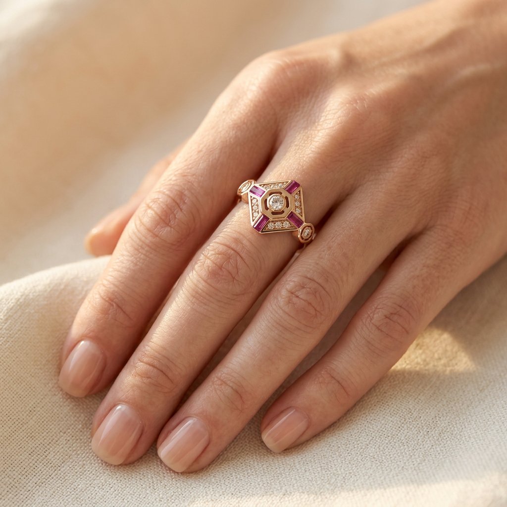 Gold-Tone Art Deco Lozenge Ring with Red Baguette Cross