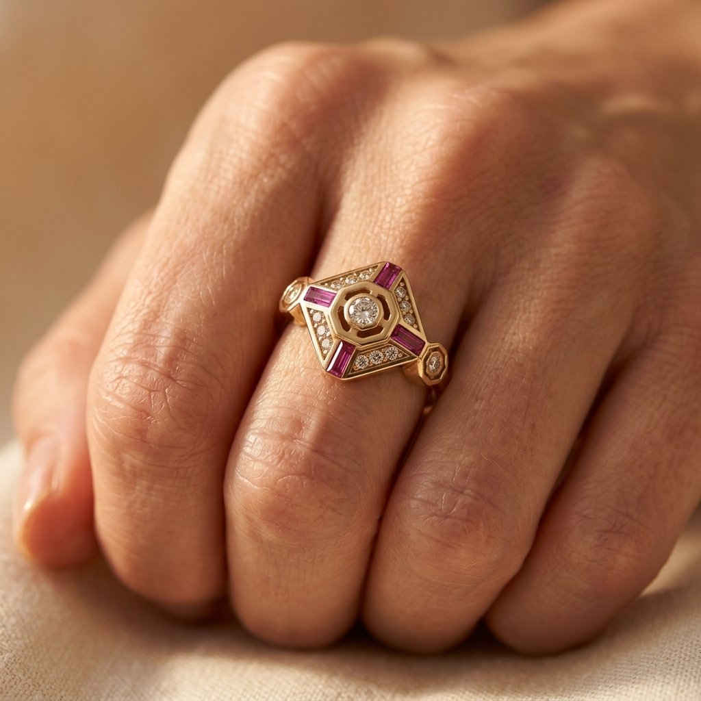 Gold-Tone Art Deco Lozenge Ring with Red Baguette Cross