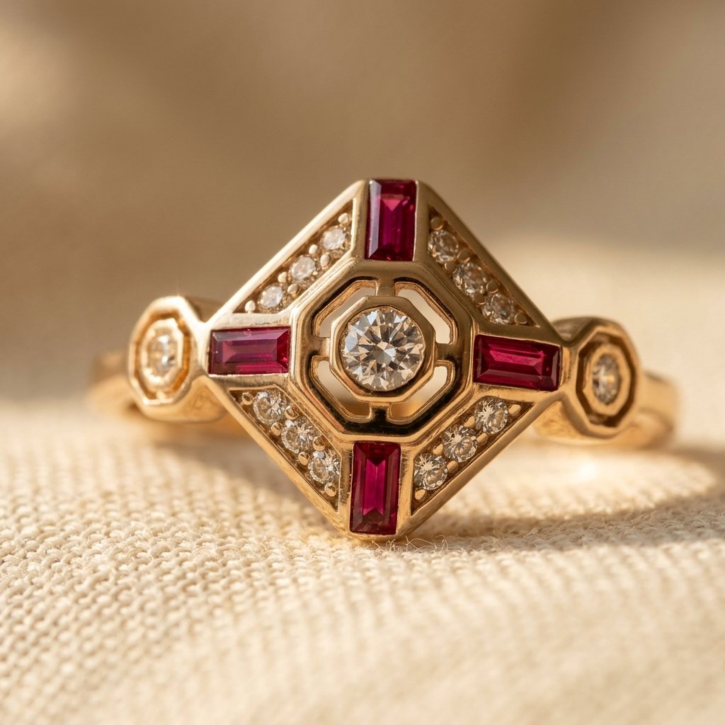 Gold-Tone Art Deco Lozenge Ring with Red Baguette Cross