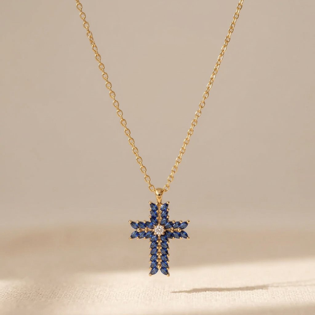 Gold-Tone Cross Pendant Necklace with Navy Marquise Stones