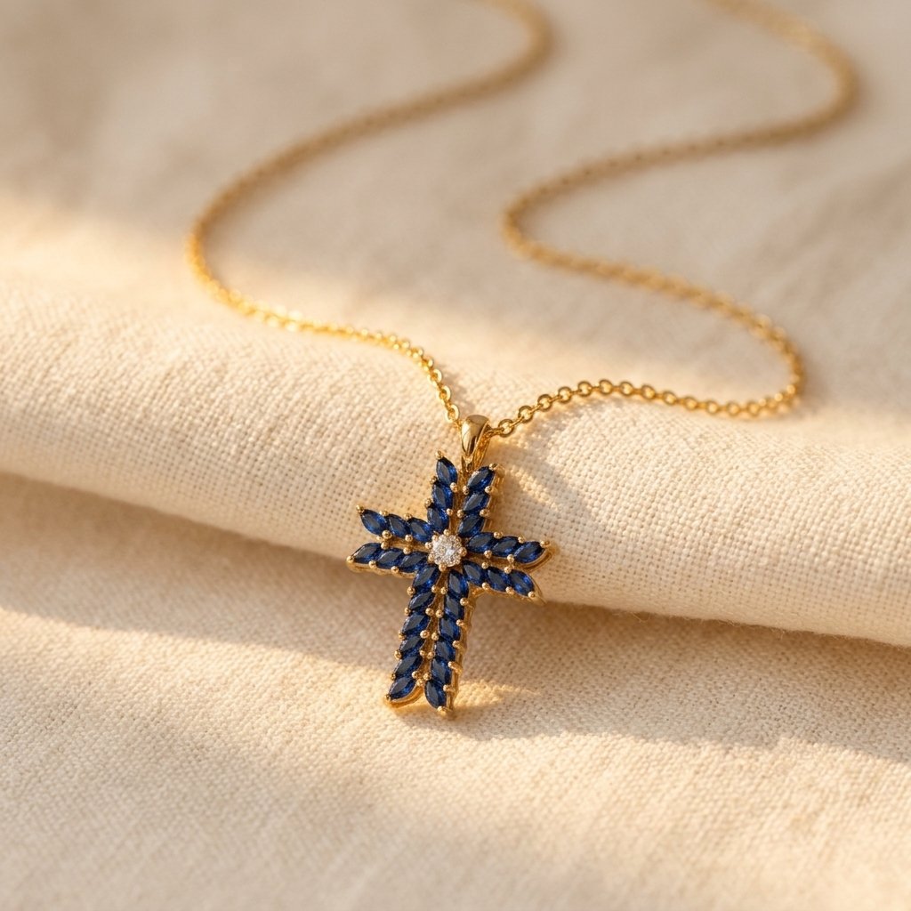 Gold-Tone Cross Pendant Necklace with Navy Marquise Stones