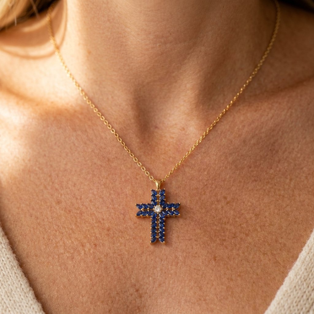 Gold-Tone Cross Pendant Necklace with Navy Marquise Stones