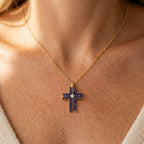 Gold-Tone Cross Pendant Necklace with Navy Marquise Stones