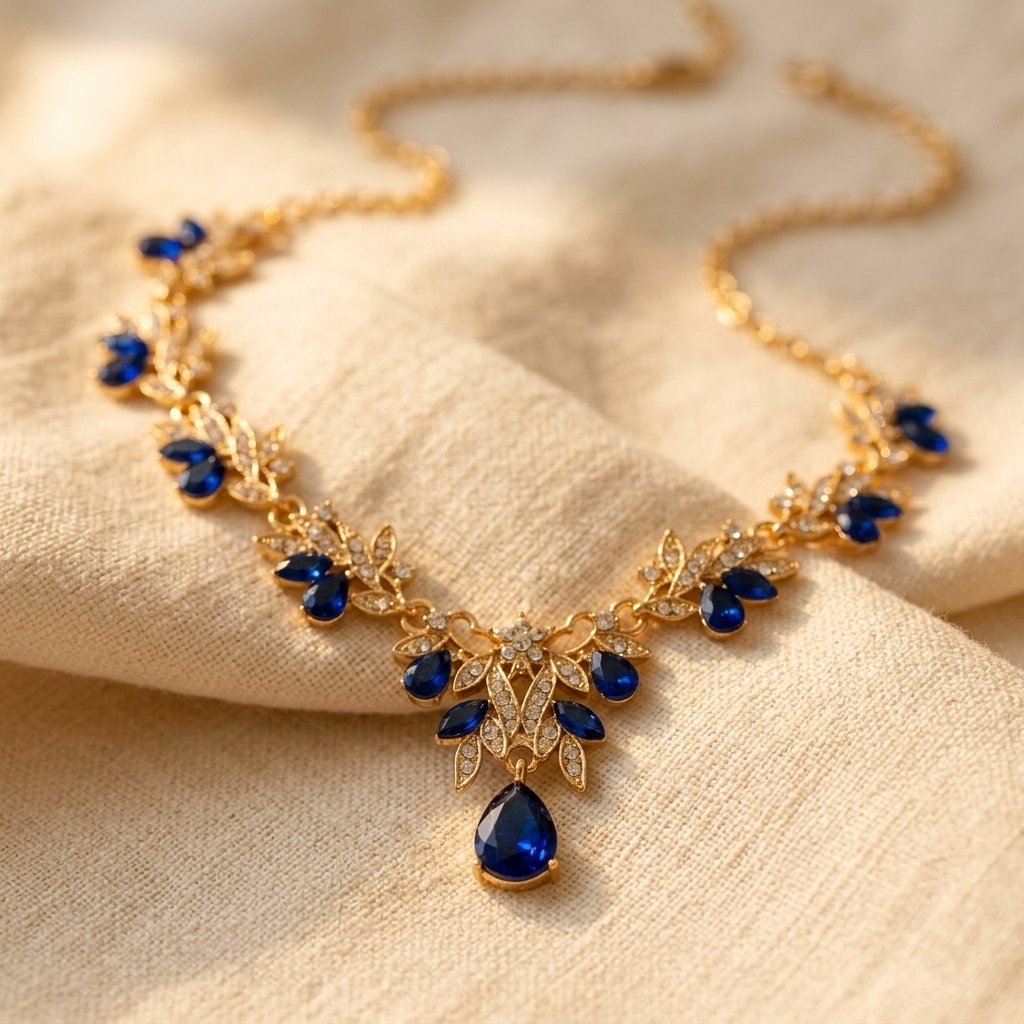 Gold-Tone Leaf Vine Necklace with Blue Stones and Pear Drop