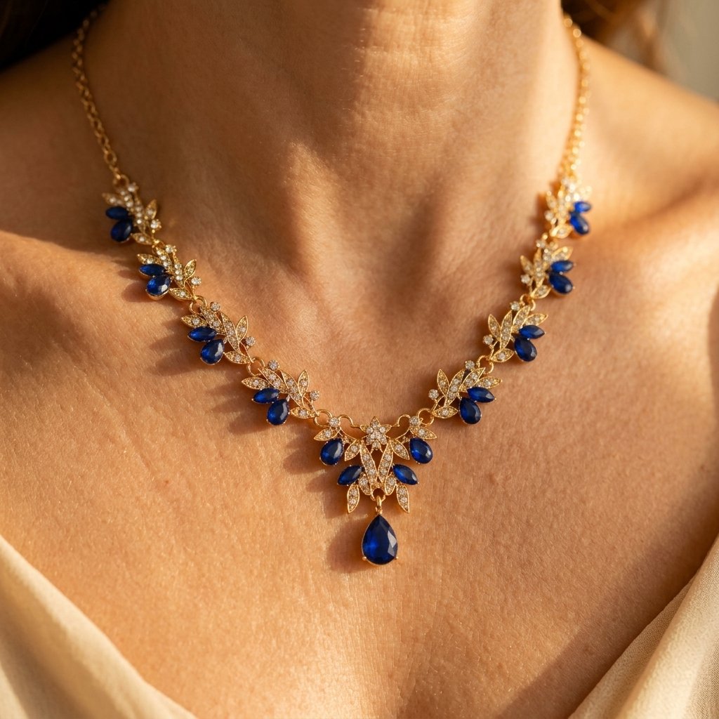 Gold-Tone Leaf Vine Necklace with Blue Stones and Pear Drop