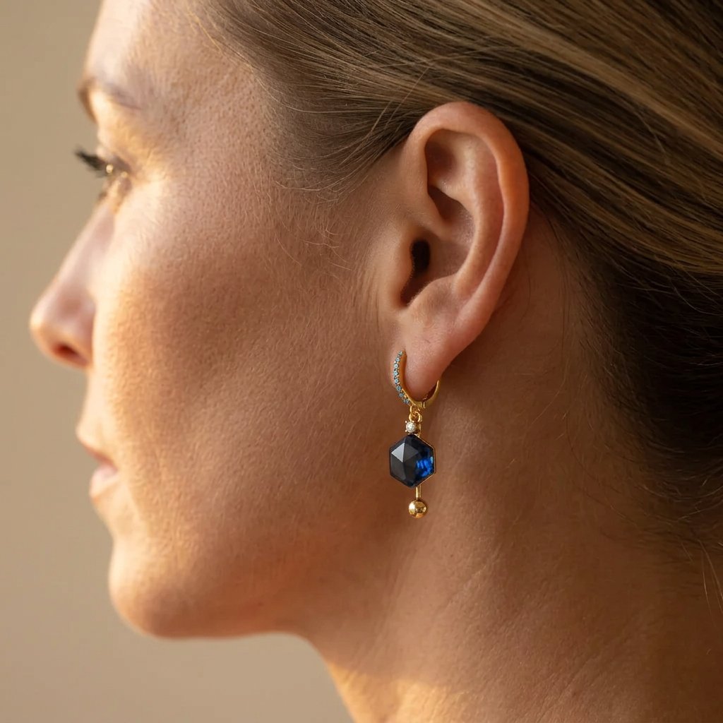 Gold-Tone Blue Pavé Huggies with Hexagon Stone Drop