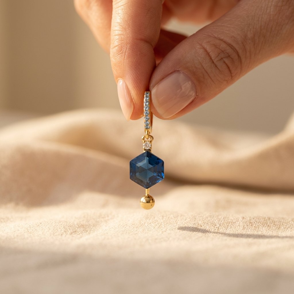 Gold-Tone Blue Pavé Huggies with Hexagon Stone Drop