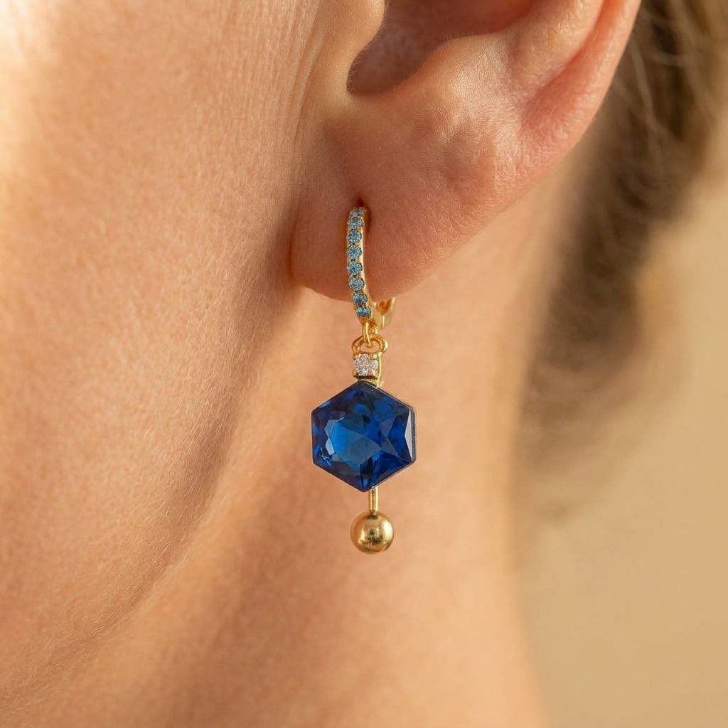 Gold-Tone Blue Pavé Huggies with Hexagon Stone Drop